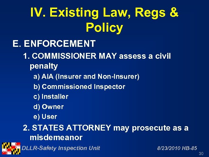 IV. Existing Law, Regs & Policy E. ENFORCEMENT 1. COMMISSIONER MAY assess a civil