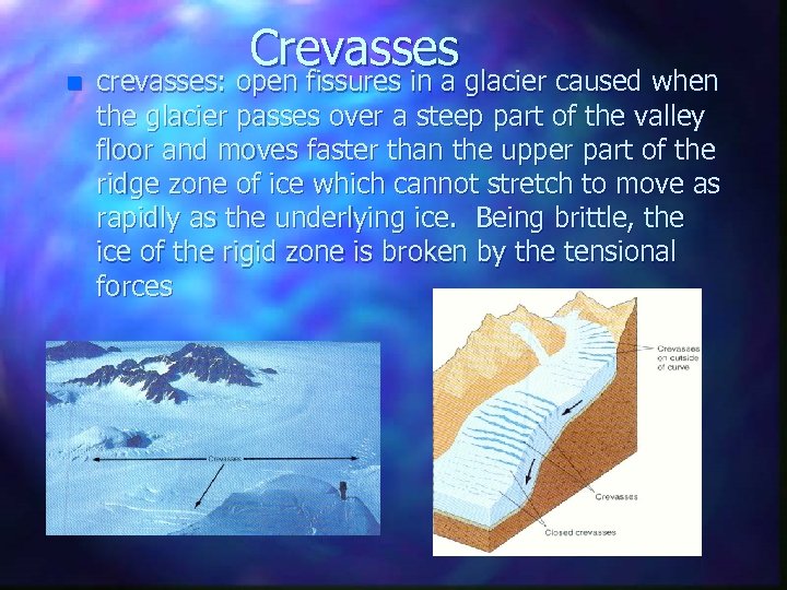 n Crevasses crevasses: open fissures in a glacier caused when the glacier passes over