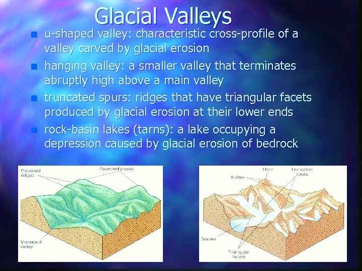Glacial Valleys n n u-shaped valley: characteristic cross-profile of a valley carved by glacial