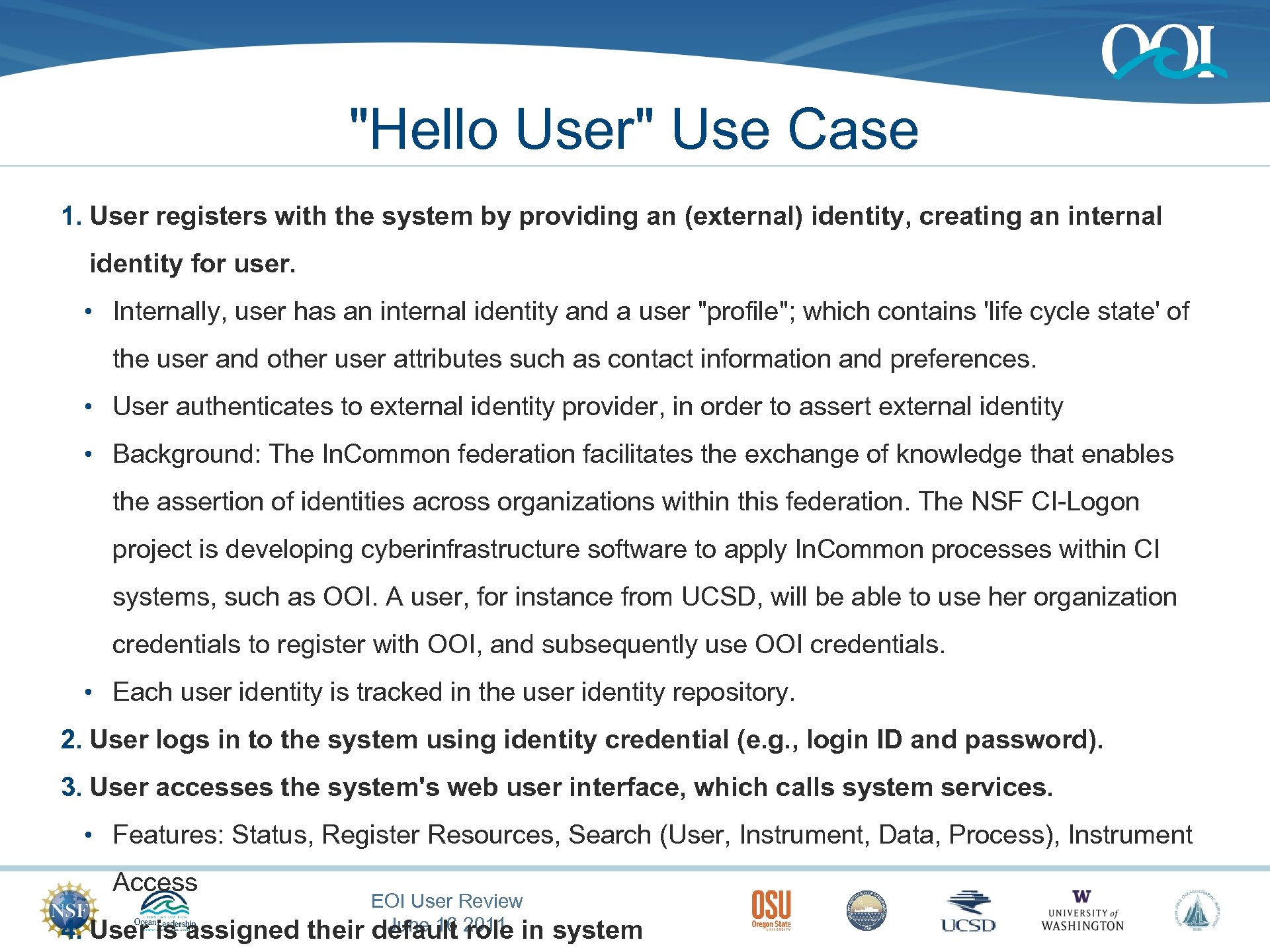 "Hello User" Use Case 1. User registers with the system by providing an (external)