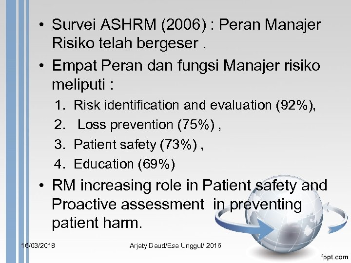  • Survei ASHRM (2006) : Peran Manajer Risiko telah bergeser. • Empat Peran