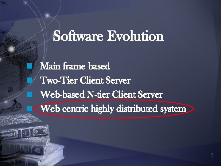 Software Evolution n Main frame based n Two-Tier Client Server n Web-based N-tier Client
