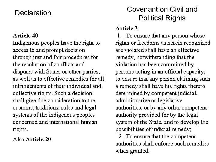 Declaration Article 40 Indigenous peoples have the right to access to and prompt decision