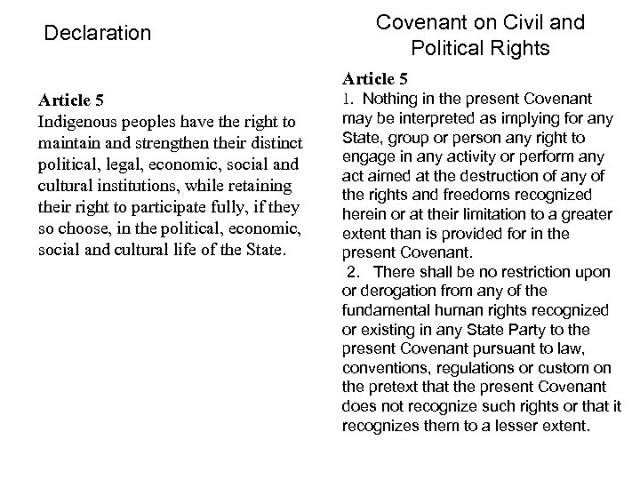 Declaration Covenant on Civil and Political Rights Article 5 Indigenous peoples have the right