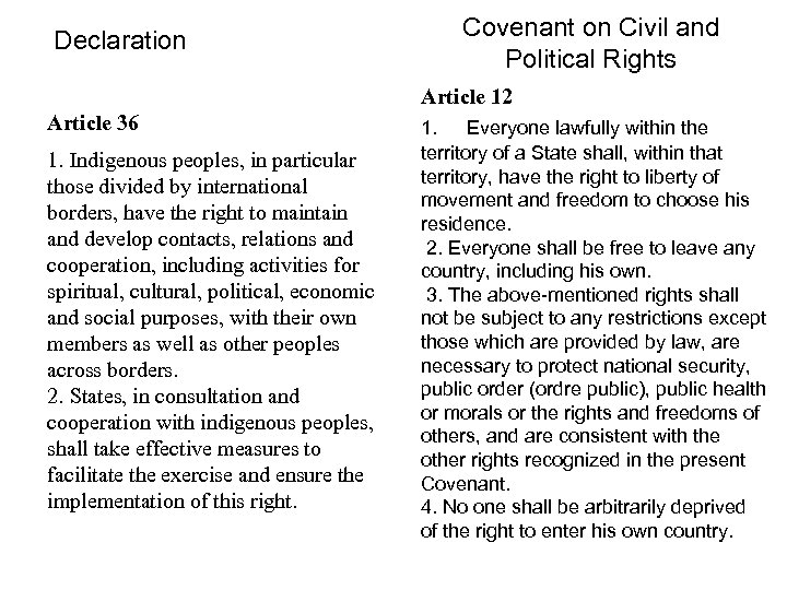 Declaration Covenant on Civil and Political Rights Article 12 Article 36 1. Indigenous peoples,