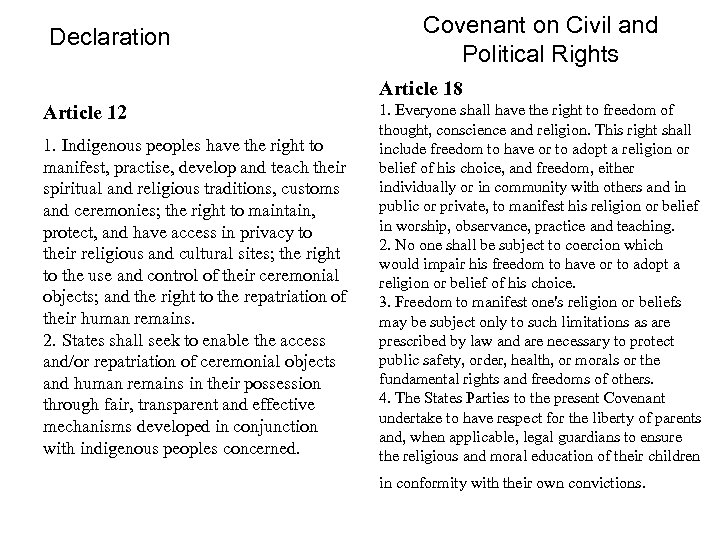 Declaration Covenant on Civil and Political Rights Article 18 Article 12 1. Indigenous peoples