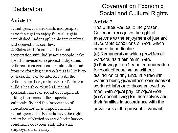 Declaration Covenant on Economic, Social and Cultural Rights Article 17 Article 7 1. Indigenous
