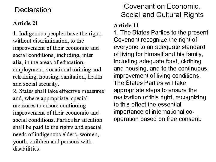 Declaration Article 21 1. Indigenous peoples have the right, without discrimination, to the improvement