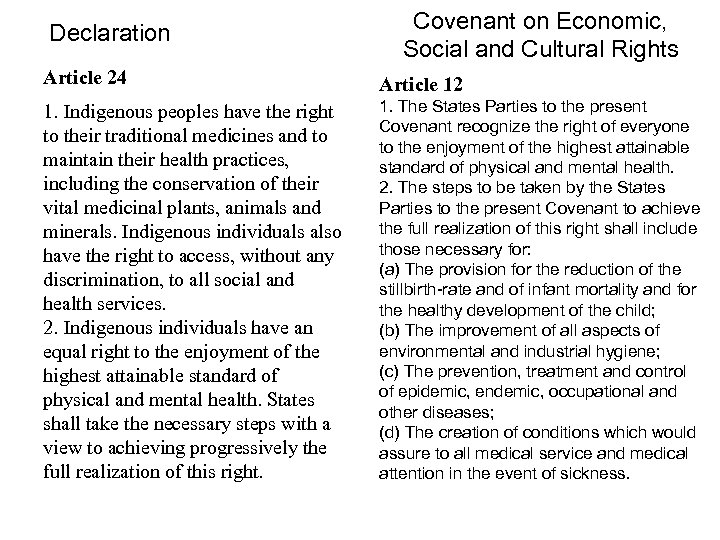 Declaration Covenant on Economic, Social and Cultural Rights Article 24 Article 12 1. Indigenous