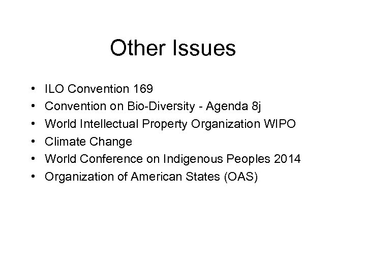 Other Issues • • • ILO Convention 169 Convention on Bio-Diversity - Agenda 8