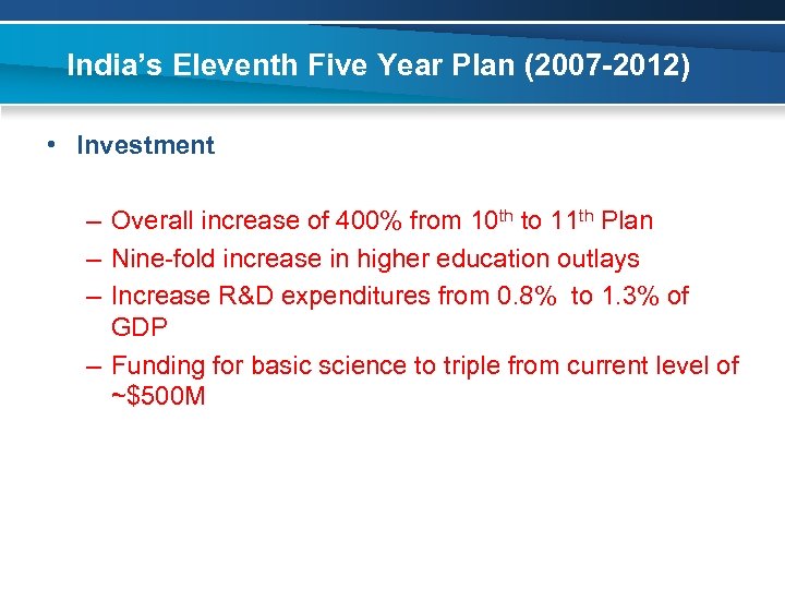 India’s Eleventh Five Year Plan (2007 -2012) • Investment – Overall increase of 400%