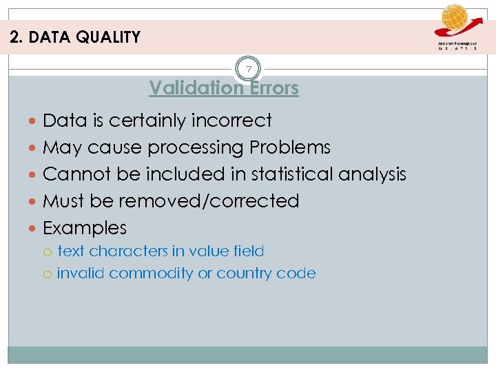 2. DATA QUALITY 7 Validation Errors Data is certainly incorrect May cause processing Problems