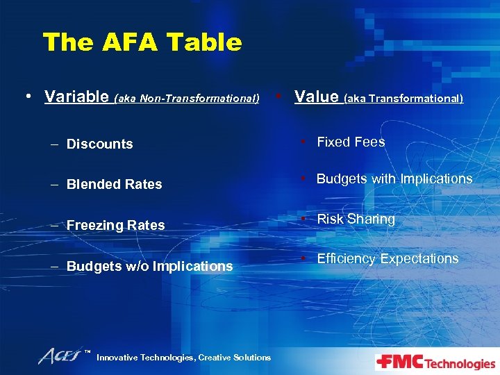 The AFA Table • Variable (aka Non-Transformational) • Value (aka Transformational) – Discounts •