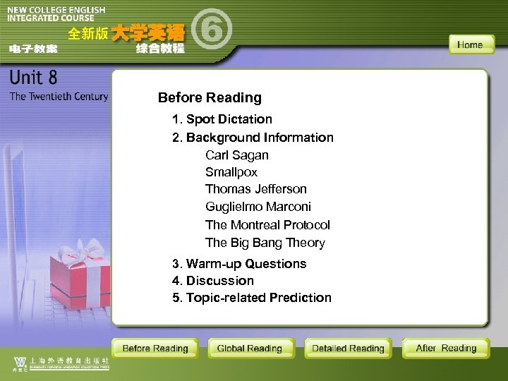 Before Reading 1. Spot Dictation 2. Background Information Carl Sagan Smallpox Thomas Jefferson Guglielmo