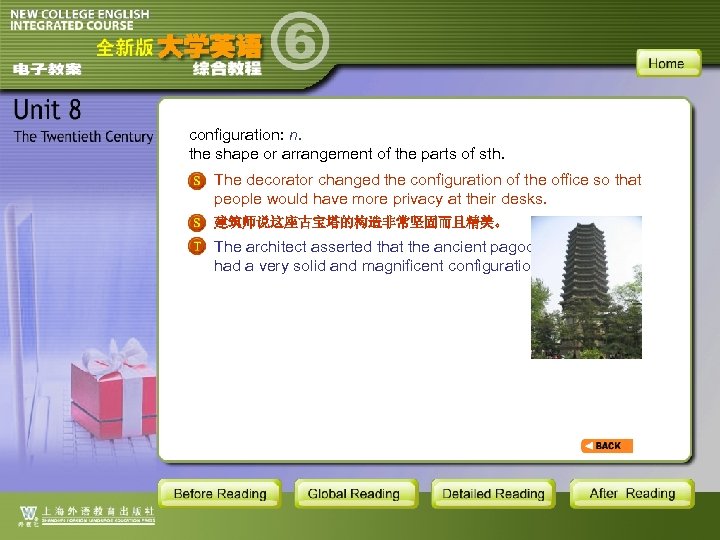 configuration: n. the shape or arrangement of the parts of sth. The decorator changed