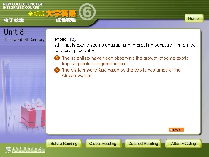 exotic: adj. sth. that is exotic seems unusual and interesting because it is related