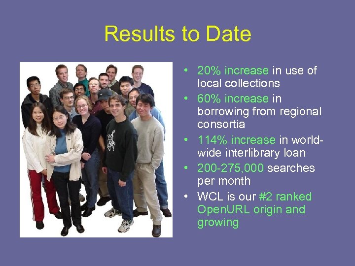 Results to Date • 20% increase in use of local collections • 60% increase