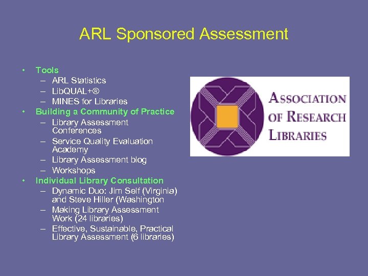 ARL Sponsored Assessment • • • Tools – ARL Statistics – Lib. QUAL+® –