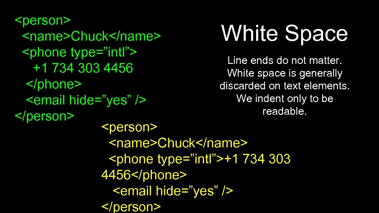 <person> <name>Chuck</name> <phone type=”intl”> Line ends do not matter. +1 734 303 4456 White