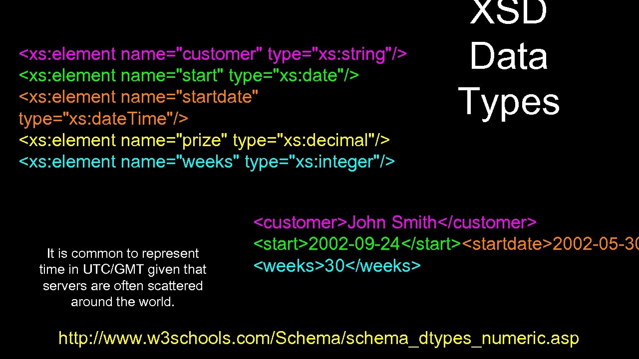 <xs: element name="customer" type="xs: string"/> <xs: element name="start" type="xs: date"/> <xs: element name="startdate" type="xs: