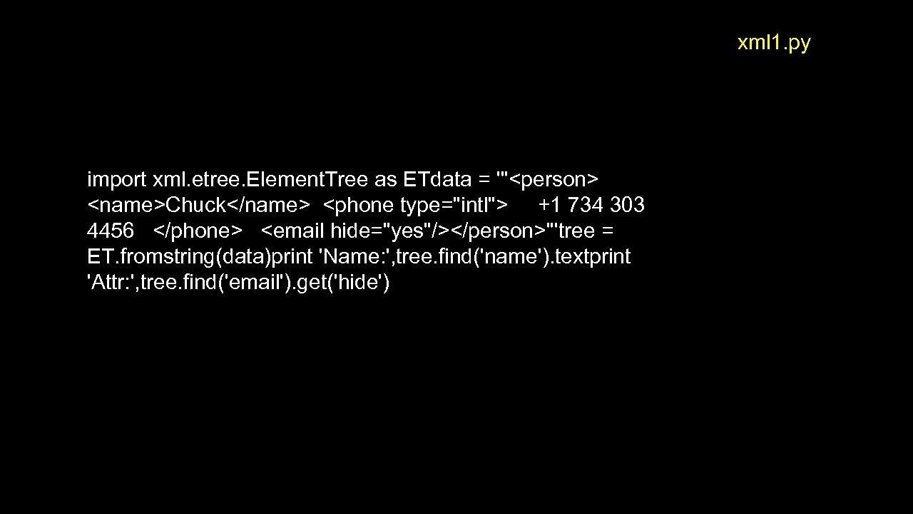 xml 1. py import xml. etree. Element. Tree as ETdata = '''<person> <name>Chuck</name> <phone