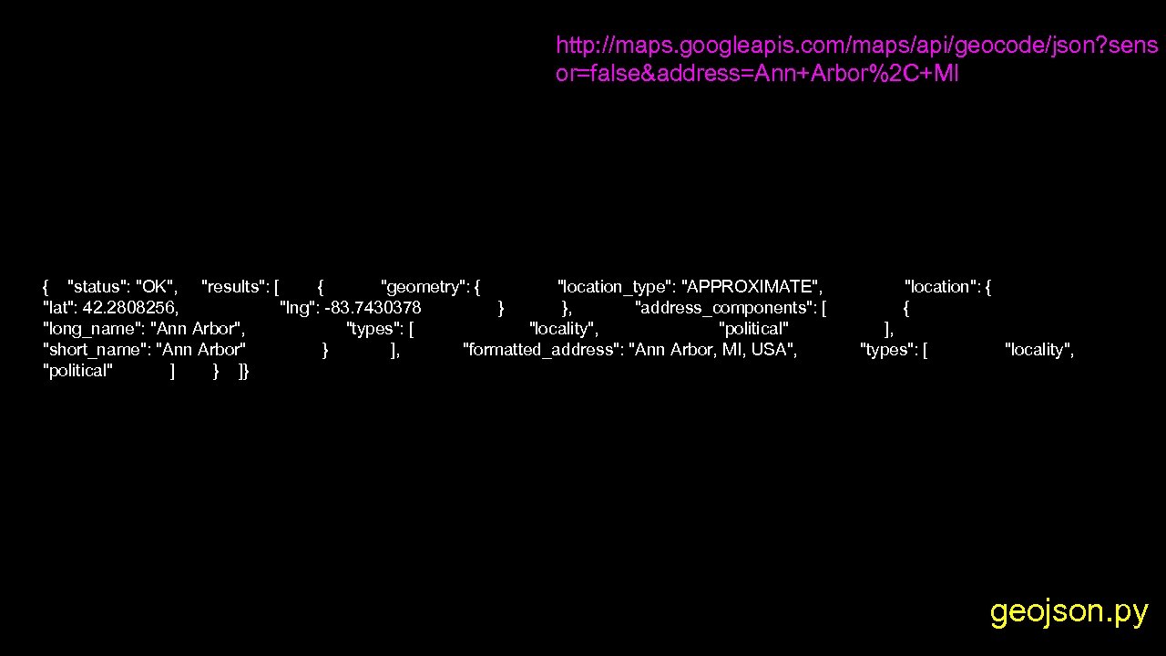 http: //maps. googleapis. com/maps/api/geocode/json? sens or=false&address=Ann+Arbor%2 C+MI { "status": "OK", "results": [ { "geometry":