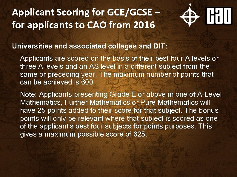 Applicant Scoring for GCE/GCSE – for applicants to CAO from 2016 Universities and associated