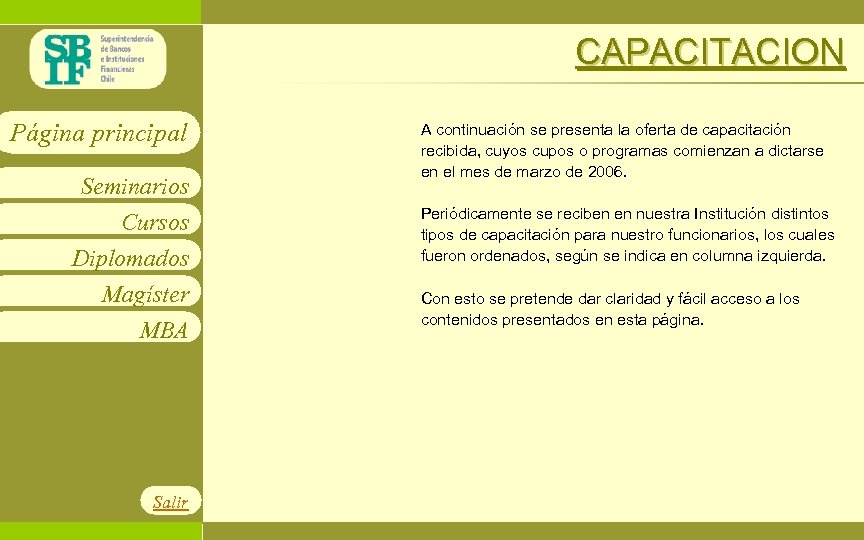 Superintendencia de Bancos e Instituciones Financieras CAPACITACION Página principal Seminarios Cursos Diplomados Magíster MBA