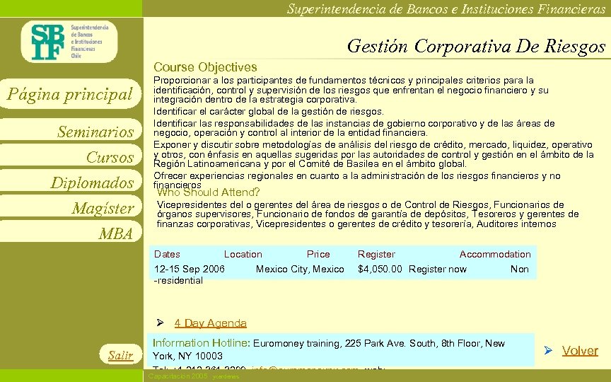 Superintendencia de Bancos e Instituciones Financieras Gestión Corporativa De Riesgos Course Objectives Página principal