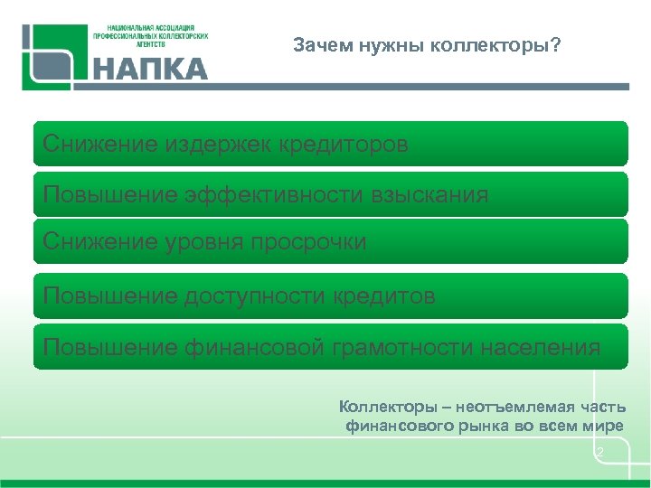 Зачем нужны коллекторы? Снижение издержек кредиторов Повышение эффективности взыскания Снижение уровня просрочки Повышение доступности