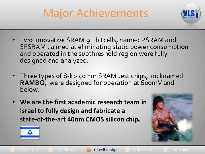 Major Achievements • Two innovative SRAM 9 T bitcells, named PSRAM and SFSRAM ,