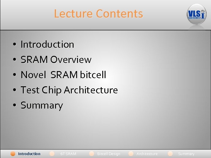Lecture Contents • • • Introduction SRAM Overview Novel SRAM bitcell Test Chip Architecture