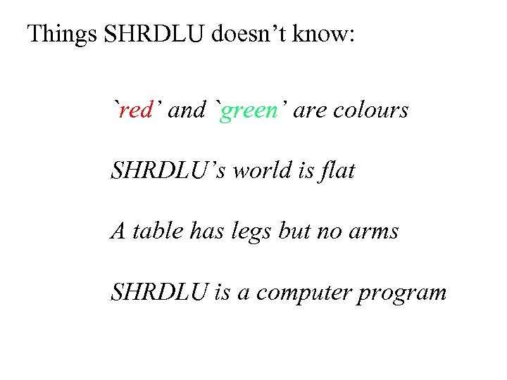 Things SHRDLU doesn’t know: `red’ and `green’ are colours SHRDLU’s world is flat A