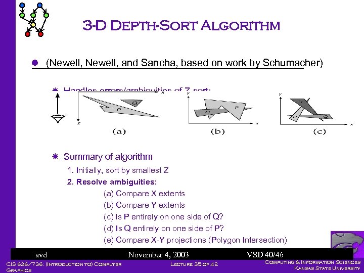3 -D Depth-Sort Algorithm l (Newell, and Sancha, based on work by Schumacher) Handles