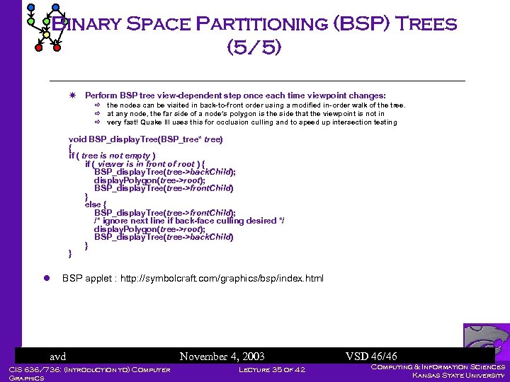 Binary Space Partitioning (BSP) Trees (5/5) Perform BSP tree view-dependent step once each time