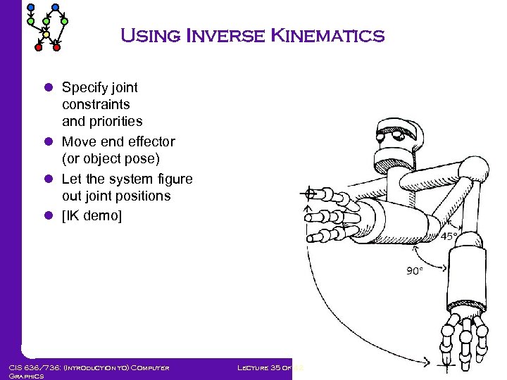 Using Inverse Kinematics l Specify joint constraints and priorities l Move end effector (or