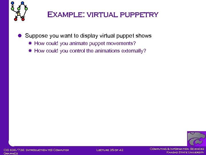 Example: virtual puppetry l Suppose you want to display virtual puppet shows How could