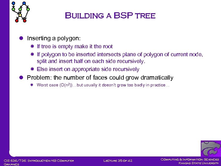 Building a BSP tree l Inserting a polygon: If tree is empty make it