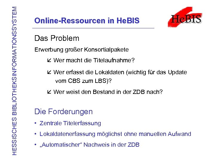 HESSISCHES BIBLIOTHEKSINFORMATIONSSYSTEM Online-Ressourcen in He. BIS Das Problem Erwerbung großer Konsortialpakete å Wer macht