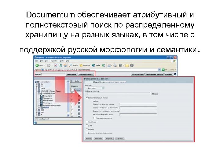 Documentum обеспечивает атрибутивный и полнотекстовый поиск по распределенному хранилищу на разных языках, в том