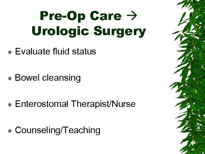 Pre-Op Care Urologic Surgery Evaluate fluid status Bowel cleansing Enterostomal Therapist/Nurse Counseling/Teaching 