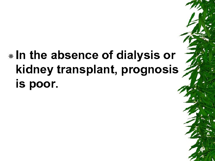  In the absence of dialysis or kidney transplant, prognosis is poor. 