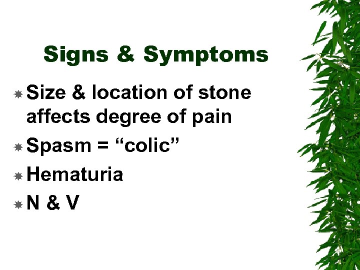 Signs & Symptoms Size & location of stone affects degree of pain Spasm =