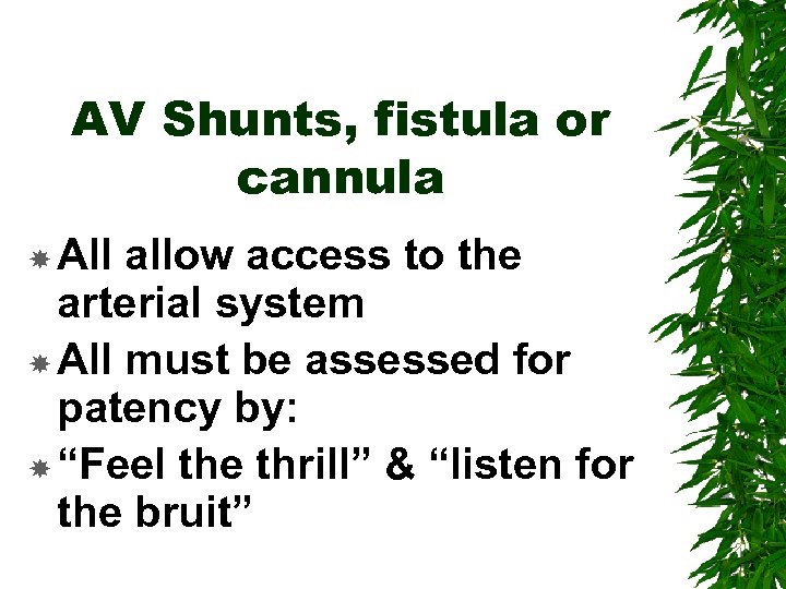 AV Shunts, fistula or cannula All allow access to the arterial system All must