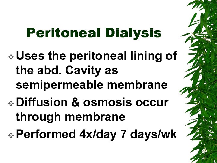 Peritoneal Dialysis v Uses the peritoneal lining of the abd. Cavity as semipermeable membrane