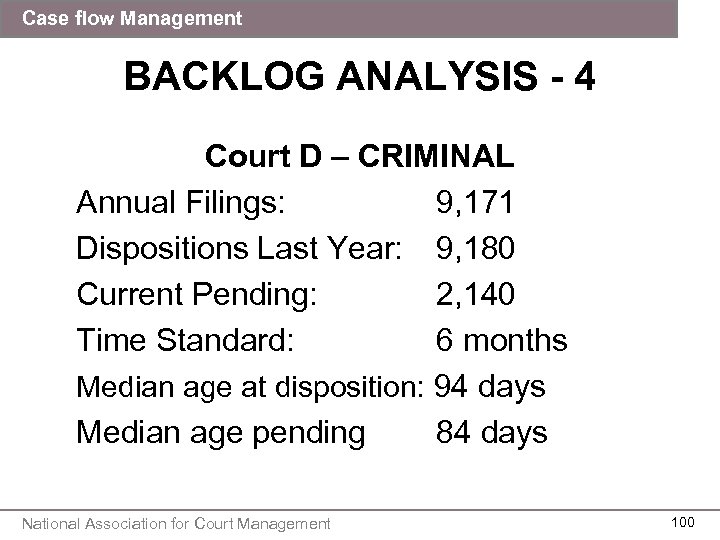 Case flow Management BACKLOG ANALYSIS - 4 Court D – CRIMINAL Annual Filings: 9,