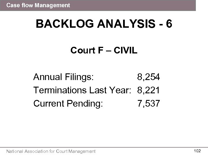 Case flow Management BACKLOG ANALYSIS - 6 Court F – CIVIL Annual Filings: 8,