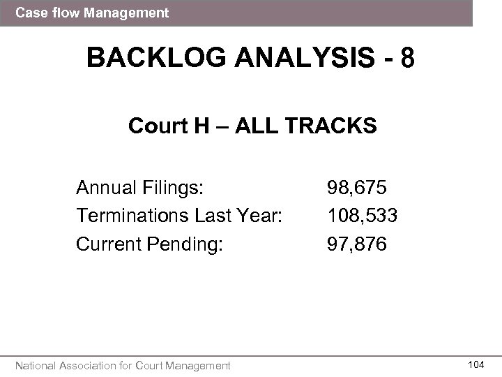 Case flow Management BACKLOG ANALYSIS - 8 Court H – ALL TRACKS Annual Filings: