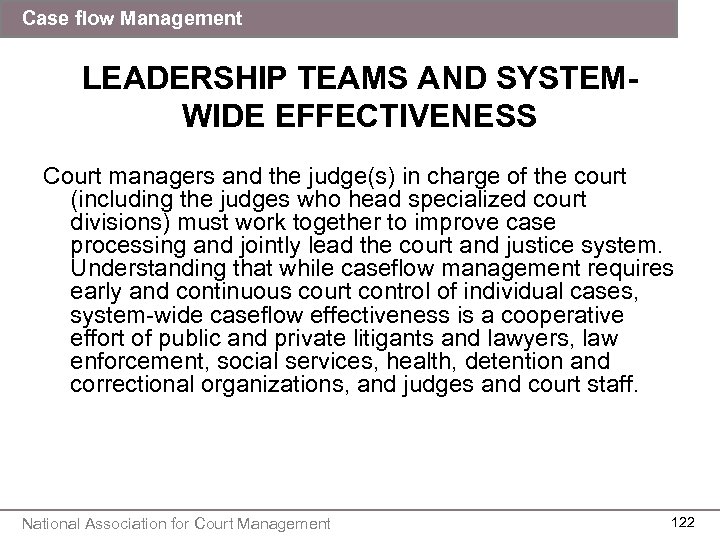 Case flow Management LEADERSHIP TEAMS AND SYSTEMWIDE EFFECTIVENESS Court managers and the judge(s) in