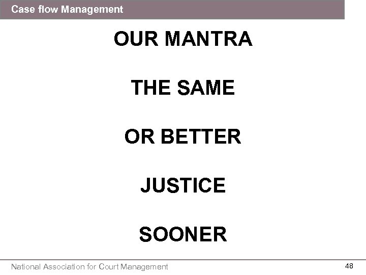 Case flow Management OUR MANTRA THE SAME OR BETTER JUSTICE SOONER National Association for